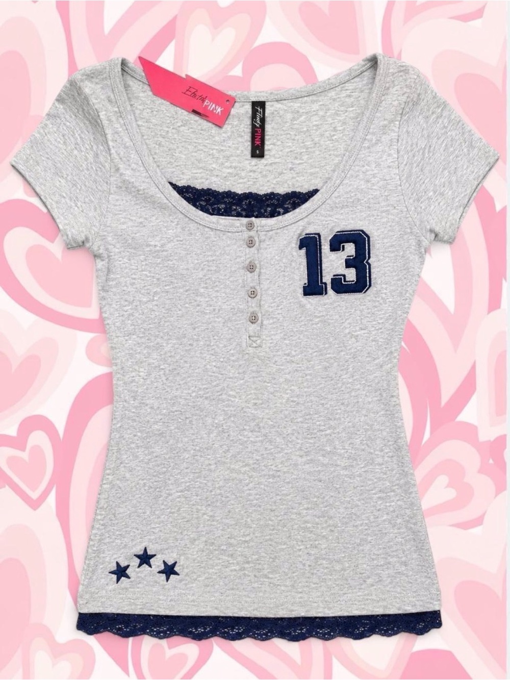 Flirty Pink Y2K Gray Lace Henley Baby Tee Size Small NWT